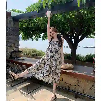 水中花 法式复古水墨画女夏季潮流时尚高级感海边度假小个子宽松显瘦气质裙子百搭舒适吊带连衣裙 女款 图片色