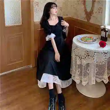 水中花 法式复古宫廷赫本风微胖女生苹果梨形身材多巴胺收腰显瘦绷带蕾丝高级感穿搭纯色简约短袖连衣裙 女款
