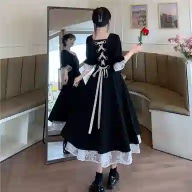 水中花 法式复古宫廷赫本风微胖女生苹果梨形身材多巴胺收腰显瘦绷带蕾丝高级感穿搭纯色简约短袖连衣裙 女款