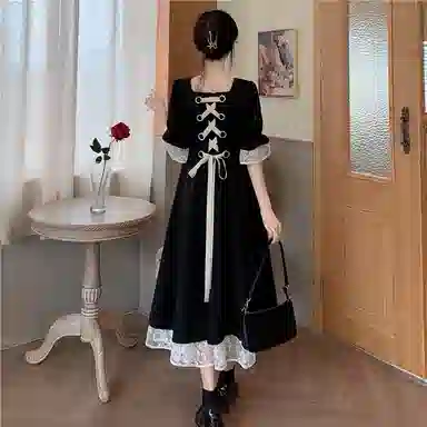 水中花 法式复古宫廷赫本风微胖女生苹果梨形身材多巴胺收腰显瘦绷带蕾丝高级感穿搭纯色简约短袖连衣裙 女款