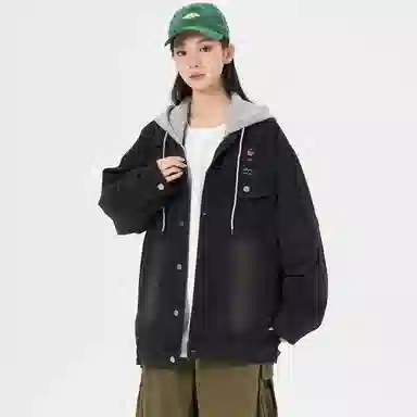 帕丁顿熊 美式复古小熊人物刺绣宽松休闲百搭学院日常穿搭假两件水洗做旧可拆卸连帽牛仔外套 男女同款