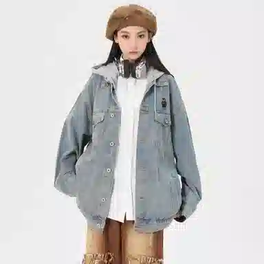 帕丁顿熊 美式复古小熊人物刺绣宽松休闲百搭学院日常穿搭假两件水洗做旧可拆卸连帽牛仔外套 男女同款