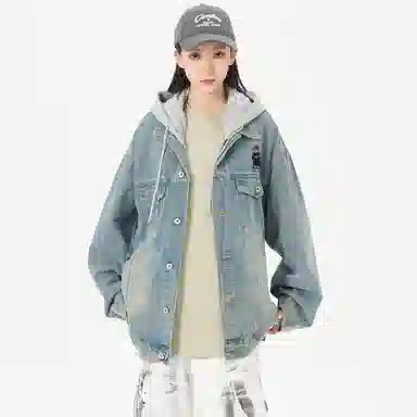 帕丁顿熊 美式复古小熊人物刺绣宽松休闲百搭学院日常穿搭假两件水洗做旧可拆卸连帽牛仔外套 男女同款