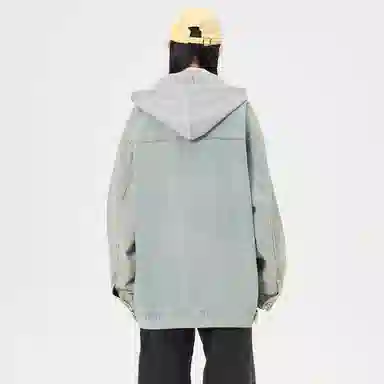 帕丁顿熊 美式复古小熊人物刺绣宽松休闲百搭学院日常穿搭假两件水洗做旧可拆卸连帽牛仔外套 男女同款