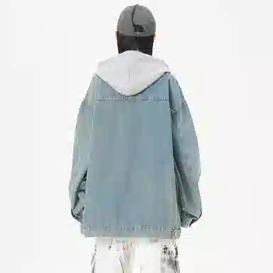 帕丁顿熊 美式复古小熊人物刺绣宽松休闲百搭学院日常穿搭假两件水洗做旧可拆卸连帽牛仔外套 男女同款