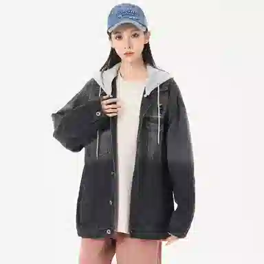 帕丁顿熊 美式复古小熊人物刺绣宽松休闲百搭学院日常穿搭假两件水洗做旧可拆卸连帽牛仔外套 男女同款