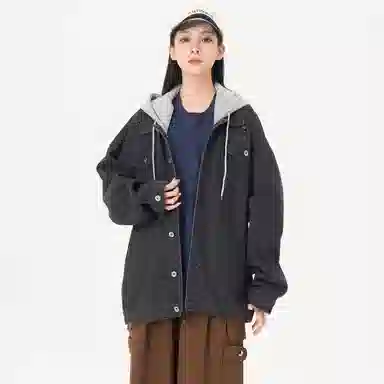 帕丁顿熊 美式复古小熊人物刺绣宽松休闲百搭学院日常穿搭假两件水洗做旧可拆卸连帽牛仔外套 男女同款