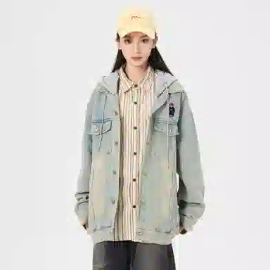 帕丁顿熊 美式复古小熊人物刺绣宽松休闲百搭学院日常穿搭假两件水洗做旧可拆卸连帽牛仔外套 男女同款