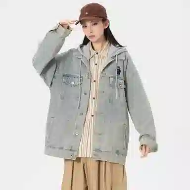 帕丁顿熊 美式复古小熊人物刺绣宽松休闲百搭学院日常穿搭假两件水洗做旧可拆卸连帽牛仔外套 男女同款