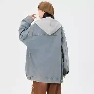 帕丁顿熊 美式复古小熊人物刺绣宽松休闲百搭学院日常穿搭假两件水洗做旧可拆卸连帽牛仔外套 男女同款