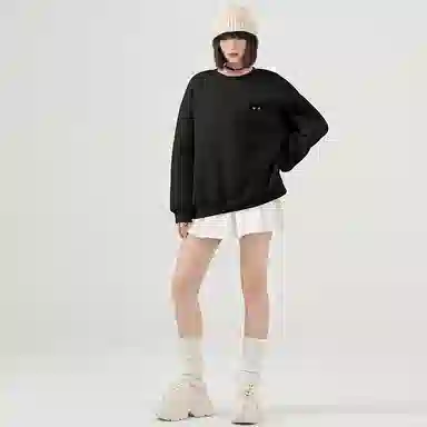 棉致 躲藏黑猫简约纯色羊羔绒加绒加厚舒适细腻宽松落肩保暖休闲圆领长袖卫衣 男女同款