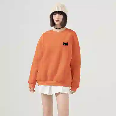 棉致 躲藏黑猫简约纯色羊羔绒加绒加厚舒适细腻宽松落肩保暖休闲圆领长袖卫衣 男女同款