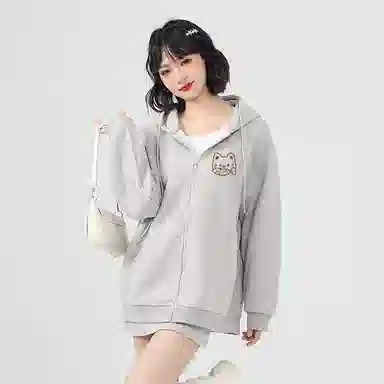 棉致 潮流时尚线条小猫简约纯色牛奶丝复合抗皱连帽舒适宽松休闲长袖卫衣 女款