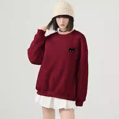 棉致 躲藏黑猫简约纯色羊羔绒加绒加厚舒适细腻宽松落肩保暖休闲圆领长袖卫衣 男女同款