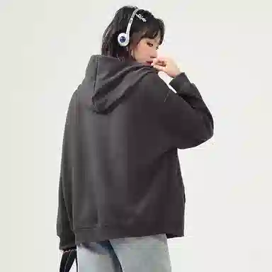 棉致 潮流时尚线条小猫简约纯色牛奶丝复合抗皱连帽舒适宽松休闲长袖卫衣 女款