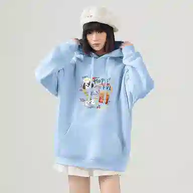 棉致 薯条小狗涂鸦潮流百搭时尚简约舒适柔软圆领套头连帽长袖卫衣 女款