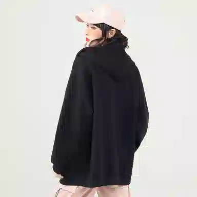 棉致 潮流时尚线条小猫简约纯色牛奶丝复合抗皱连帽舒适宽松休闲长袖卫衣 女款