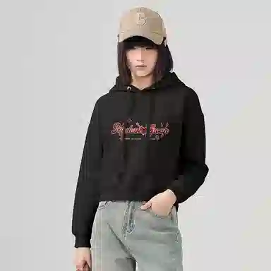 棉致 爱心格纹卡通字母印花潮流百搭时尚创意简约舒适落肩连帽短款长袖卫衣 女款