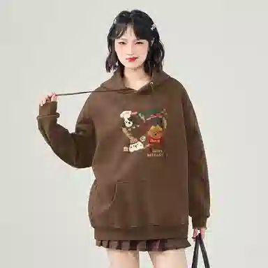 棉致 薯条小狗涂鸦潮流百搭时尚简约舒适柔软圆领套头连帽长袖卫衣 女款