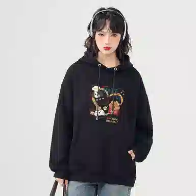 棉致 薯条小狗涂鸦潮流百搭时尚简约舒适柔软圆领套头连帽长袖卫衣 女款