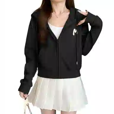 棉致 简约字母休闲学院风舒适通勤百搭柔软短款宽松落肩挺括抗皱拉链开衫贴袋连帽卫衣 女款