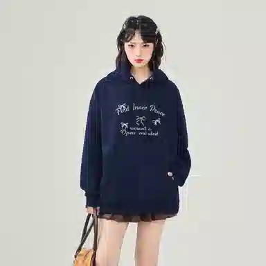 棉致 创意蝴蝶结简约设计感多巴胺学院风百搭休闲通勤落肩宽松柔软舒适套头连帽长袖卫衣 女款