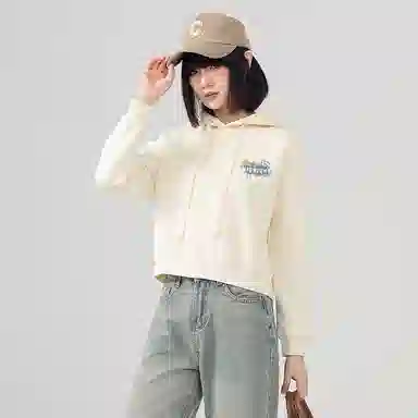 棉致 纯色简约短款落肩连帽宽松长袖卫衣 女款