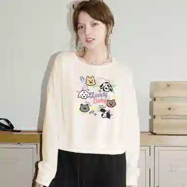 棉致 喵喵伙伴纯色简约圆领弹力吸湿透气短款宽松套头长袖卫衣 女
