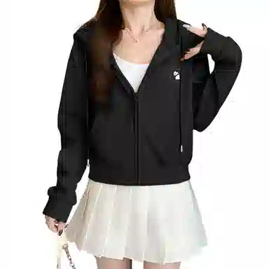 棉致 毛绒熊猫简约休闲学院风舒适通勤百搭柔软短款宽松落肩挺括抗皱拉链开衫贴袋连帽卫衣 女款