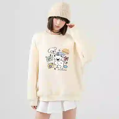 棉致 汉堡小狗简约羊羔绒加绒加厚舒适细腻宽松落肩保暖圆领长袖卫衣 男女同款