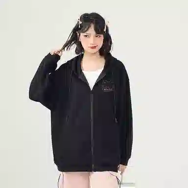 棉致 潮流时尚线条小猫简约纯色牛奶丝复合抗皱连帽舒适宽松休闲长袖卫衣 女款