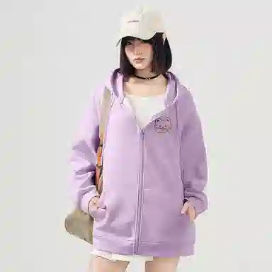 棉致 潮流时尚线条小猫简约纯色牛奶丝复合抗皱连帽舒适宽松休闲长袖卫衣 女款