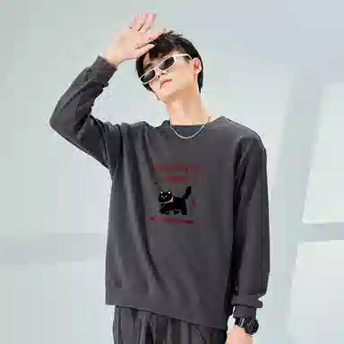 棉致 领结小猫简约纯色复古休闲柔软抗皱舒适基础百搭美式街头宽松落肩套头圆领卫衣 男女同款