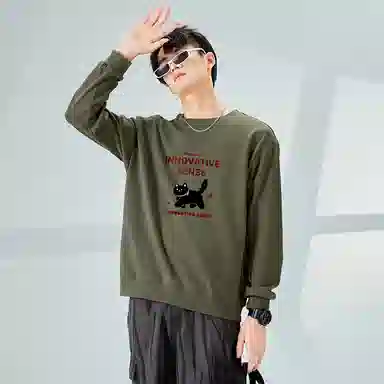 棉致 领结小猫简约纯色复古休闲柔软抗皱舒适基础百搭美式街头宽松落肩套头圆领卫衣 男女同款