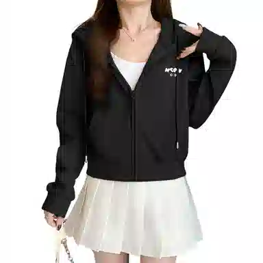 棉致 猫咪简约休闲学院风舒适通勤百搭柔软短款宽松落肩挺括抗皱拉链开衫贴袋连帽卫衣 女款