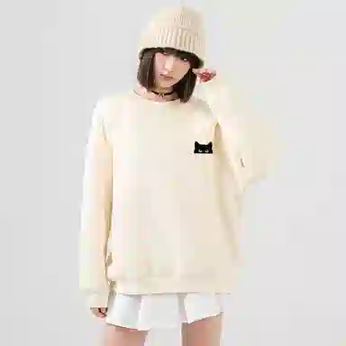 棉致 躲藏黑猫简约纯色羊羔绒加绒加厚舒适细腻宽松落肩保暖休闲圆领长袖卫衣 男女同款