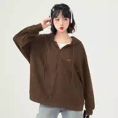 棉致 潮流时尚线条小猫简约纯色牛奶丝复合抗皱连帽舒适宽松休闲长袖卫衣 女款