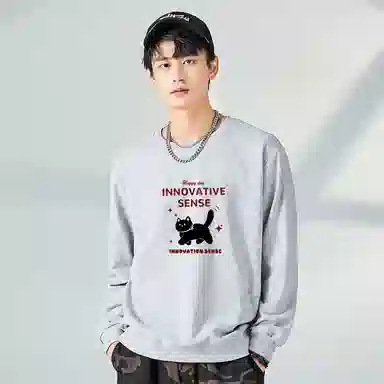 棉致 领结小猫简约纯色复古休闲柔软抗皱舒适基础百搭美式街头宽松落肩套头圆领卫衣 男女同款