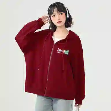 棉致 时尚百搭卡通涂鸦简约纯色牛奶丝复合抗皱连帽宽松休闲日常长袖卫衣 女款