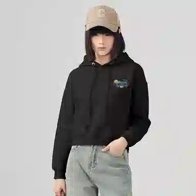 棉致 纯色简约短款落肩连帽宽松长袖卫衣 女款