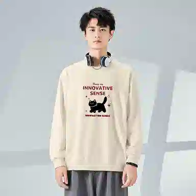 棉致 领结小猫简约纯色复古休闲柔软抗皱舒适基础百搭美式街头宽松落肩套头圆领卫衣 男女同款