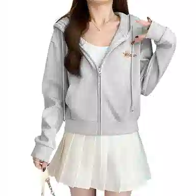 棉致 玩偶小熊简约休闲学院风舒适通勤百搭柔软短款宽松落肩挺括抗皱拉链开衫贴袋连帽卫衣 女款