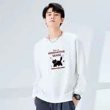 棉致 领结小猫简约纯色复古休闲柔软抗皱舒适基础百搭美式街头宽松落肩套头圆领卫衣 男女同款