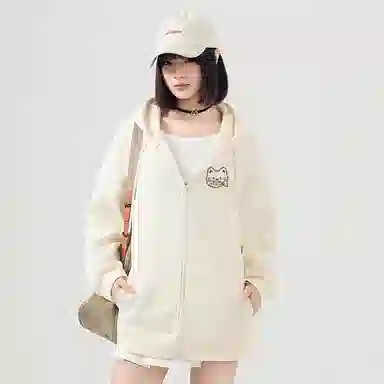 棉致 潮流时尚线条小猫简约纯色牛奶丝复合抗皱连帽舒适宽松休闲长袖卫衣 女款