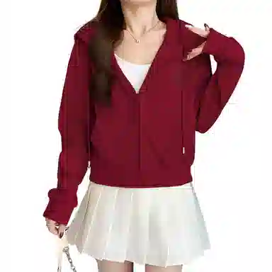 棉致 跳步熊简约休闲学院风舒适通勤百搭柔软短款宽松落肩挺括抗皱拉链开衫贴袋连帽卫衣 女款