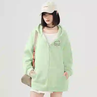 棉致 潮流时尚线条小猫简约纯色牛奶丝复合抗皱连帽舒适宽松休闲长袖卫衣 女款