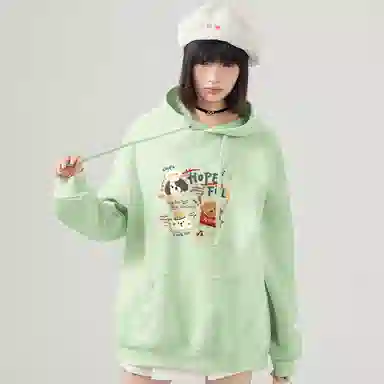 棉致 薯条小狗涂鸦潮流百搭时尚简约舒适柔软圆领套头连帽长袖卫衣 女款