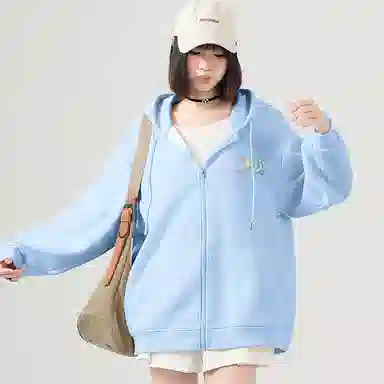 棉致 时尚百搭卡通涂鸦简约纯色牛奶丝复合抗皱连帽宽松休闲日常长袖卫衣 女款