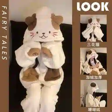 米囹 可爱小猫咪连帽珊瑚绒女冬季加绒加厚保暖冬天家居服睡衣套装 女款