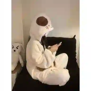 米囹 可爱小猫咪连帽珊瑚绒女冬季加绒加厚保暖冬天家居服睡衣套装 女款